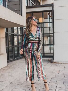 Sequin Stripe Wide-Leg Jumpsuit - Multicolor